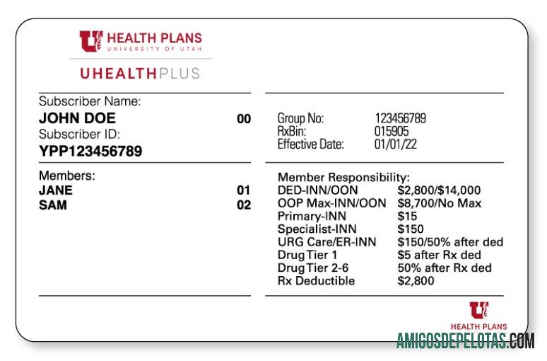 Cartão de seguro saúde de Utah exemplo